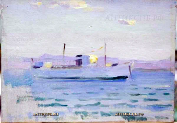 Картина "Корабль в море". Картон, масло. Художник: Бантиков Андрей Сергеевич. СССР. Сер. ХХ века. №126